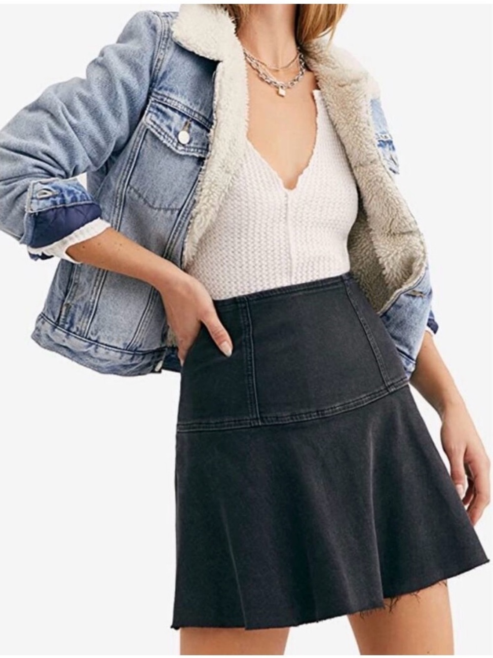Free People Highlands Denim Skater Mini Skirt Washed Black Size 6